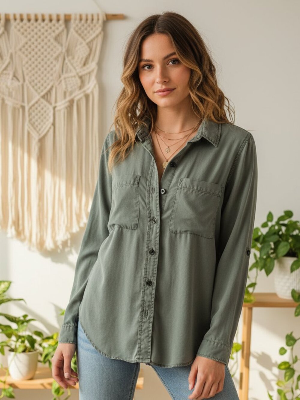 Universal Thread XS Top Blouse Green Button Front Chambray Gorpcore‎ Grunge
